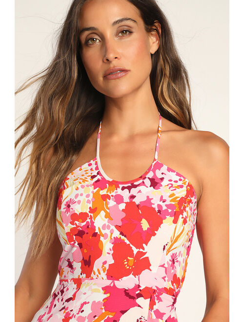 Lulus Paradise Bound Pink Floral Print Halter Midi Dress