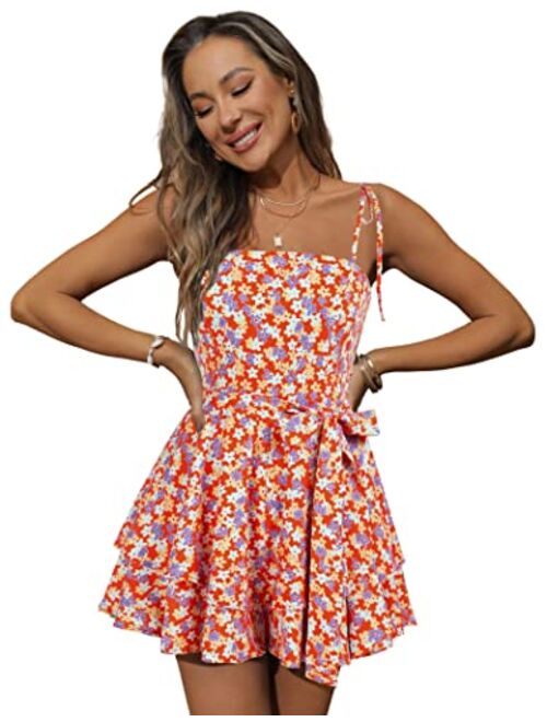 Zexxxy Women's Summer Tiered Ruffle Floral Printed Rompers Spaghetti Straps Jumpsuit Shorts Vacation Beach Outfits S-XXL