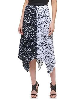 Pull-On Asymmetrical Printed Color-Block Skirt