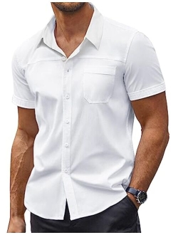 Men's Muscle Fit Dress Shirts Short Sleeve Slim Fit Cotton Casual Button Down Shirt with Pocket