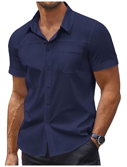 Men's Muscle Fit Dress Shirts Short Sleeve Slim Fit Cotton Casual Button Down Shirt with Pocket