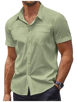 Men's Muscle Fit Dress Shirts Short Sleeve Slim Fit Cotton Casual Button Down Shirt with Pocket