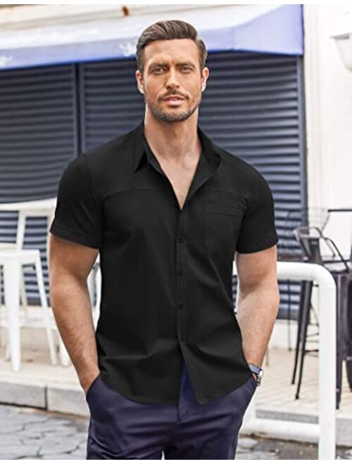 COOFANDY Men's Muscle Fit Dress Shirts Short Sleeve Slim Fit Cotton Casual Button Down Shirt with Pocket