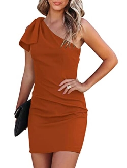 Women's 2023 Summer Bodycon Dress Bow One Shoulder Sleeveless Party Cocktail Short Fitted Dresses