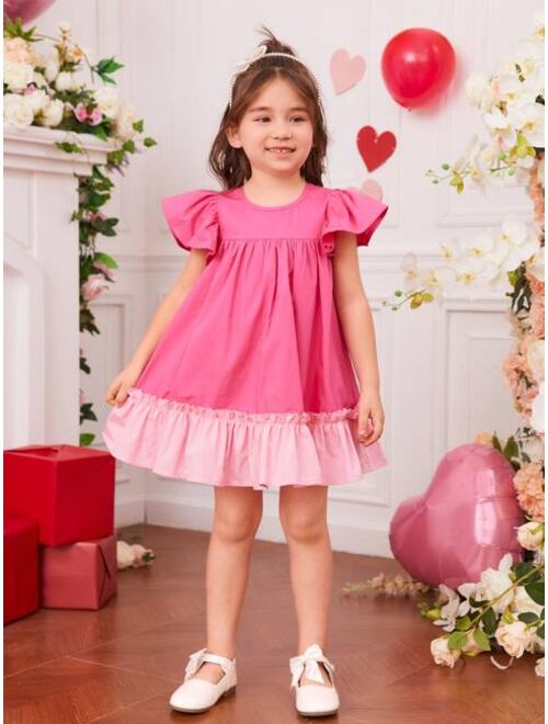 SHEIN Kids CHARMNG Toddler Girls Butterfly Sleeve Contrast Ruffle Hem Dress