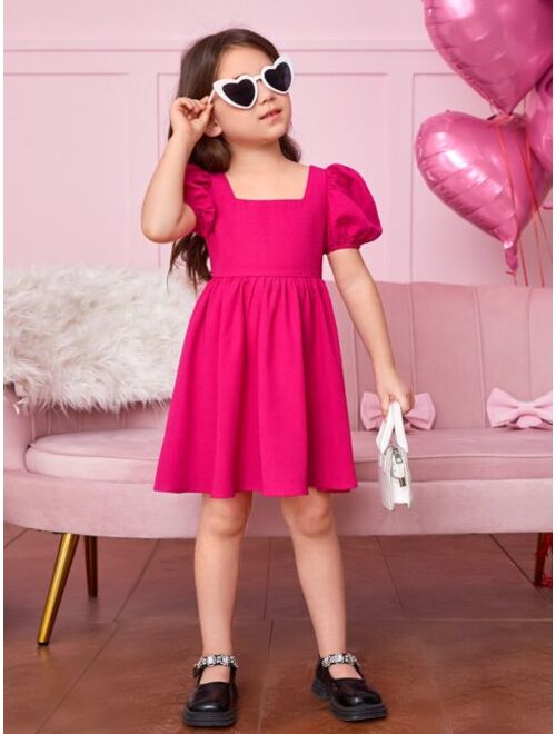 SHEIN Kids CHARMNG Toddler Girls Square Neck Puff Sleeve Dress