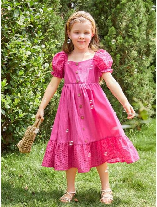 SHEIN Kids SUNSHNE Toddler Girls Eyelet Embroidery Puff Sleeve Ruffle Hem Dress