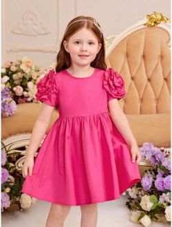 Kids CHARMNG Toddler Girls Solid Floral Applique Puff Sleeve Dress