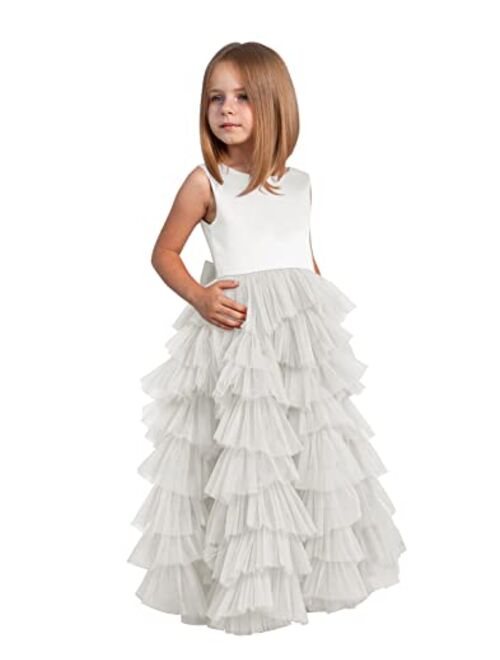 MCieloLuna Flower Girl Dresses for Wedding Bow-Knot Multilayer Puffy Tulle Pageant Princess First Communion Dresses