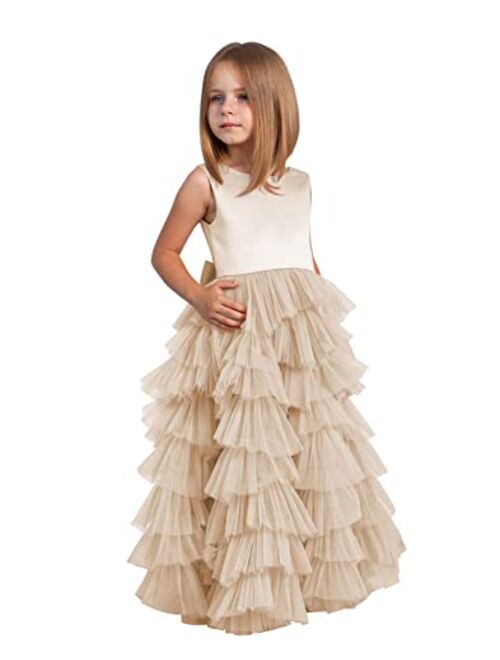 MCieloLuna Flower Girl Dresses for Wedding Bow-Knot Multilayer Puffy Tulle Pageant Princess First Communion Dresses