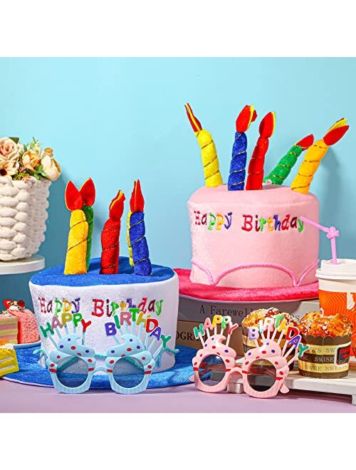 Coume 2 Pcs Plush Cake Birthday Hats for Adults and Pairs Sweet Cream Glasses Party Novelty Decorations Prop Happy Novel Sunglasses Fancy Hats, Blue, Pink, approx. 22.8-2