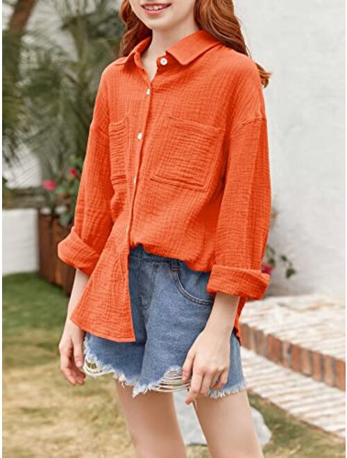 Saudacdn Girls Button Down Shirts Long Roll Up Cuffed Sleeve Collared Blouses Casual Cotton Tops with Pockets