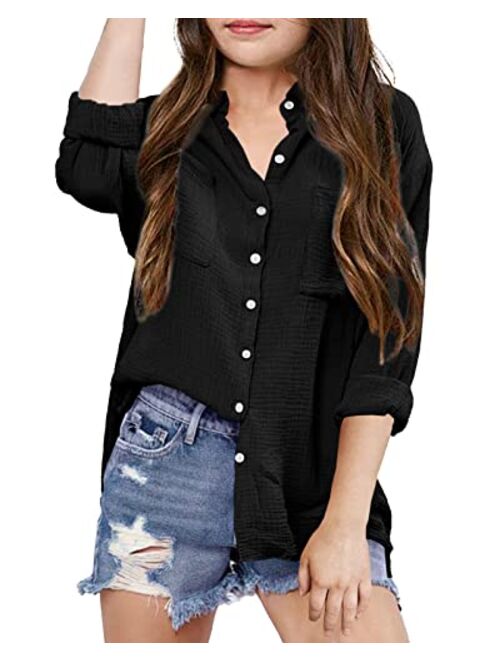 Saudacdn Girls Button Down Shirts Long Roll Up Cuffed Sleeve Collared Blouses Casual Cotton Tops with Pockets