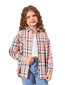 Girl's Plaid Long Sleeve Button Down Shirt Casual Top with Pocket