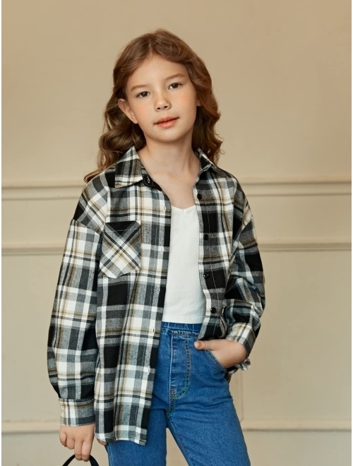 WDIRARA Girl's Plaid Long Sleeve Button Down Shirt Casual Top with Pocket