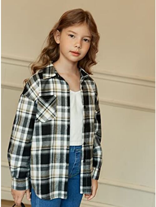 WDIRARA Girl's Plaid Long Sleeve Button Down Shirt Casual Top with Pocket