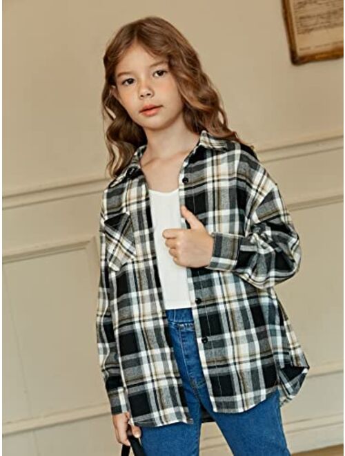 WDIRARA Girl's Plaid Long Sleeve Button Down Shirt Casual Top with Pocket