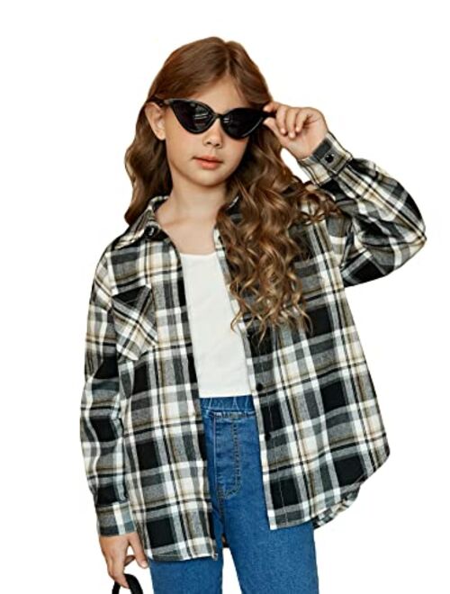 WDIRARA Girl's Plaid Long Sleeve Button Down Shirt Casual Top with Pocket