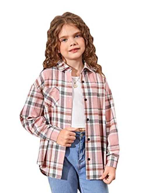 WDIRARA Girl's Plaid Long Sleeve Button Down Shirt Casual Top with Pocket