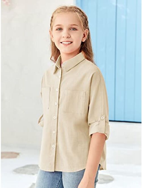 Modershe Girls Roll Up Cuffed Sleeve Button Down Shirts CuteCasual Pockets Blouses 5-14 YearsKids Loose Collared TunicTops