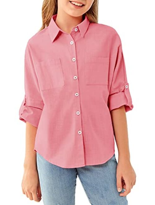 Modershe Girls Roll Up Cuffed Sleeve Button Down Shirts CuteCasual Pockets Blouses 5-14 YearsKids Loose Collared TunicTops