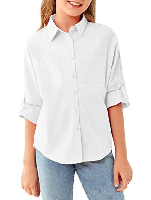 Modershe Girls Roll Up Cuffed Sleeve Button Down Shirts CuteCasual Pockets Blouses 5-14 YearsKids Loose Collared TunicTops