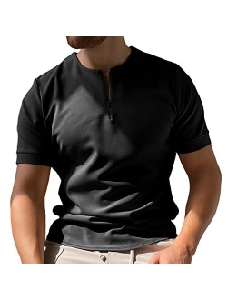 Coutgo Mens Zipper Polo Shirts Short Sleeve Collarless Henley T-Shirts Casual Slim Fit Basic Designed Tops