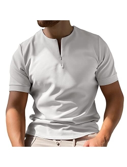 Coutgo Mens Zipper Polo Shirts Short Sleeve Collarless Henley T-Shirts Casual Slim Fit Basic Designed Tops