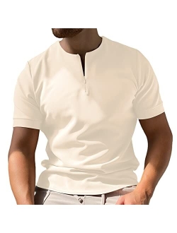 Coutgo Mens Zipper Polo Shirts Short Sleeve Collarless Henley T-Shirts Casual Slim Fit Basic Designed Tops