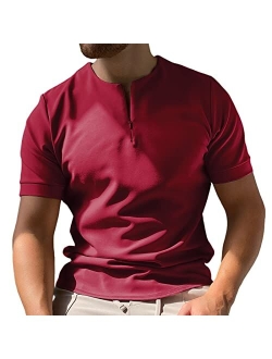 Coutgo Mens Zipper Polo Shirts Short Sleeve Collarless Henley T-Shirts Casual Slim Fit Basic Designed Tops