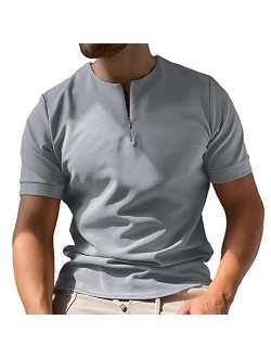 Coutgo Mens Zipper Polo Shirts Short Sleeve Collarless Henley T-Shirts Casual Slim Fit Basic Designed Tops