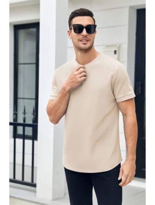 Coutgo Mens Zipper Polo Shirts Short Sleeve Collarless Henley T-Shirts Casual Slim Fit Basic Designed Tops