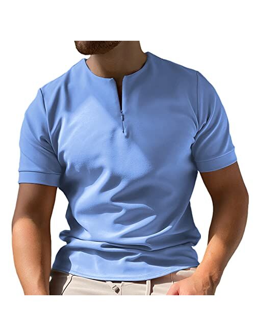 Coutgo Mens Zipper Polo Shirts Short Sleeve Collarless Henley T-Shirts Casual Slim Fit Basic Designed Tops