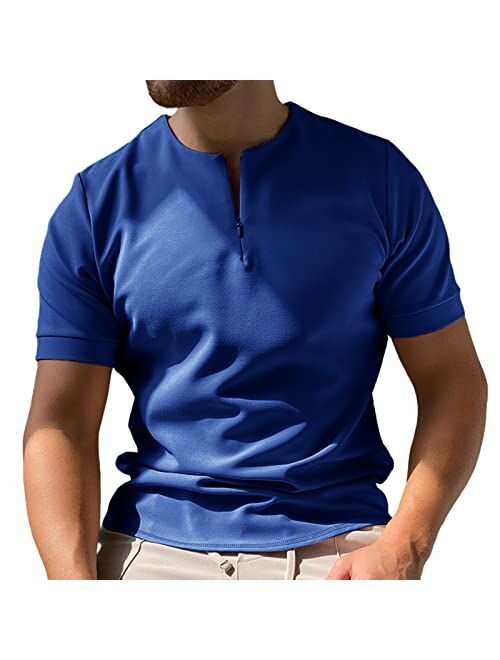 Coutgo Mens Zipper Polo Shirts Short Sleeve Collarless Henley T-Shirts Casual Slim Fit Basic Designed Tops