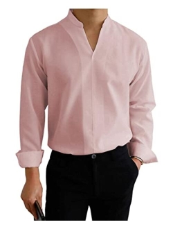 Coutgo Mens Hipster V Neck Dress Shirts Long Sleeve Slim Fit Pullover Shirt Mandarin Collar Solid Office Blouse