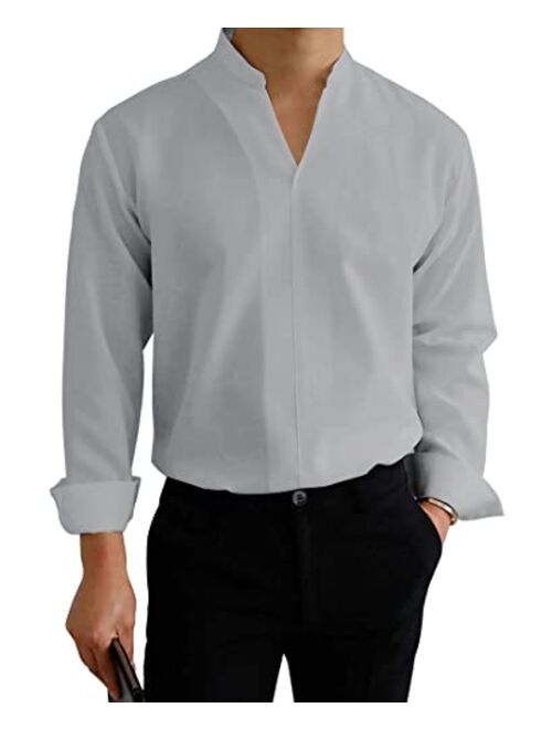 Coutgo Mens Hipster V Neck Dress Shirts Long Sleeve Slim Fit Pullover Shirt Mandarin Collar Solid Office Blouse