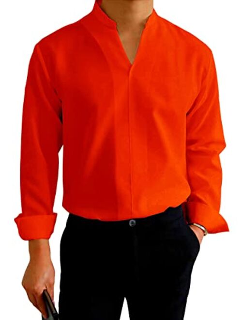 Coutgo Mens Hipster V Neck Dress Shirts Long Sleeve Slim Fit Pullover Shirt Mandarin Collar Solid Office Blouse