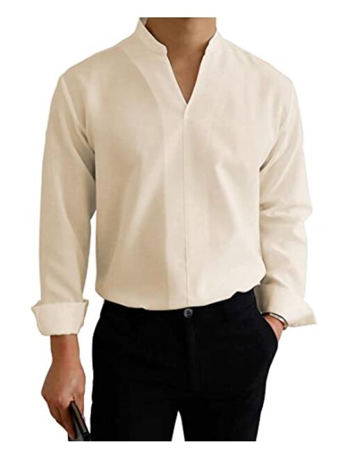 Coutgo Mens Hipster V Neck Dress Shirts Long Sleeve Slim Fit Pullover Shirt Mandarin Collar Solid Office Blouse