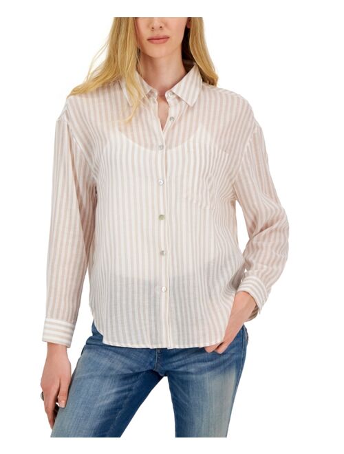 CRAVE FAME Juniors' Cotton Striped Button-Up Shirt