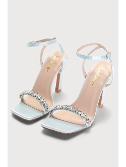 Goldiena Sky Blue Satin Rhinestone Ankle Strap Heels