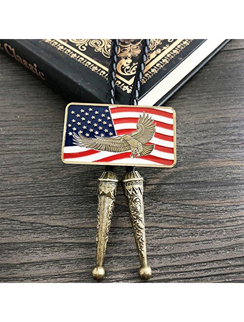 QUKE Native American Bald Eagle USA Flag Bolo Tie Genunie Leather for Men