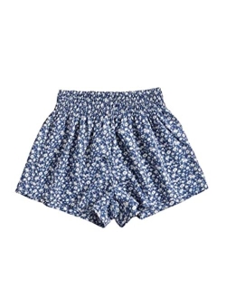 Girls Elastic Waist Wide Leg Loose Fit Floral Print Paperbag Shorts