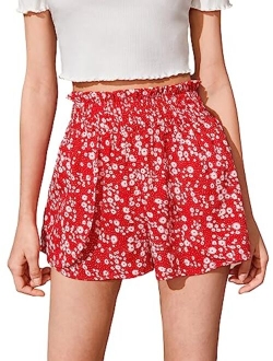 Girls Elastic Waist Wide Leg Loose Fit Floral Print Paperbag Shorts