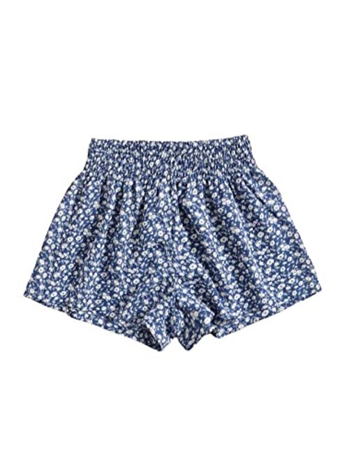 Floerns Girls Elastic Waist Wide Leg Loose Fit Floral Print Paperbag Shorts