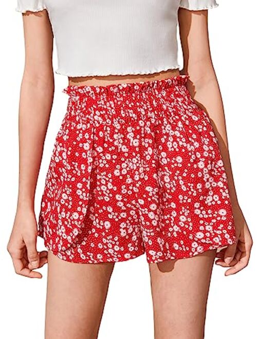 Floerns Girls Elastic Waist Wide Leg Loose Fit Floral Print Paperbag Shorts