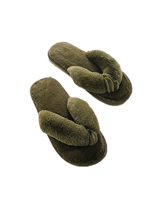 Jaderich Women's Solid Color Fuzzy Slippers Flip Flop Open Toe Cozy House Sandals Anti-Slip Indoor Outdoor Slippers