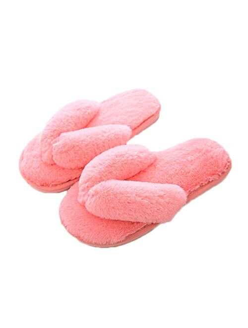 Jaderich Women's Solid Color Fuzzy Slippers Flip Flop Open Toe Cozy House Sandals Anti-Slip Indoor Outdoor Slippers