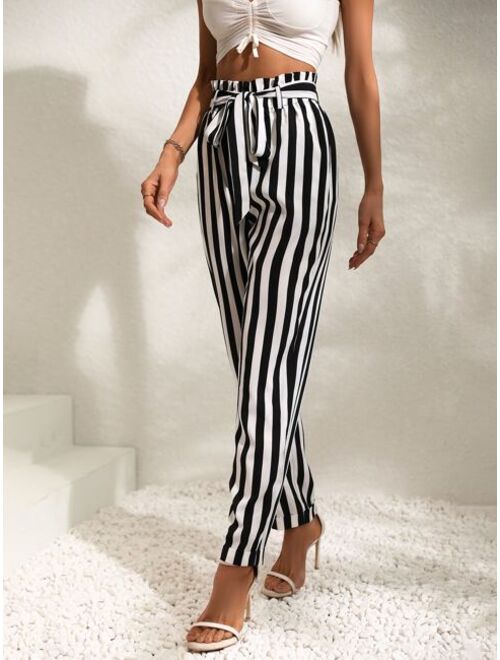 SHEIN VCAY Striped Print Paperbag Waist Belted Pants