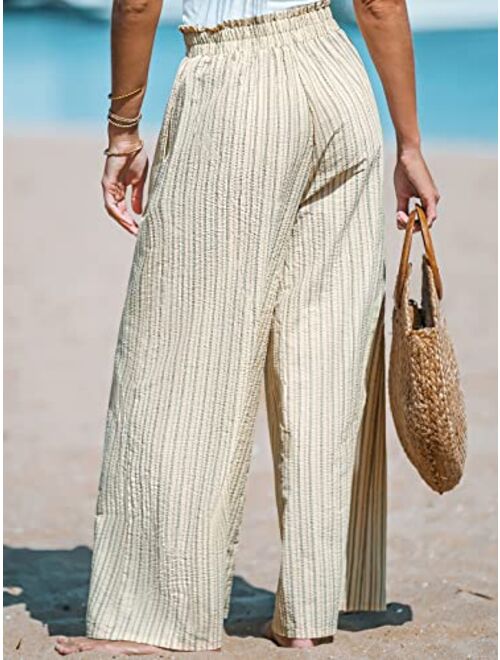 CUPSHE Women Summer Striped Smocked Paperbag Pants Wide Leg Pants Casual