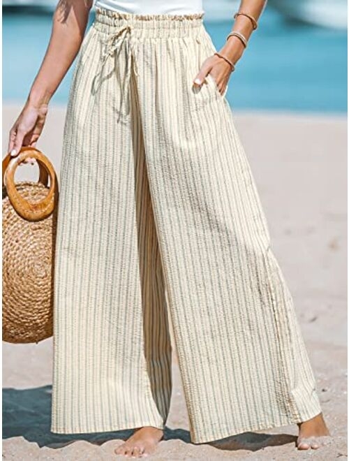 CUPSHE Women Summer Striped Smocked Paperbag Pants Wide Leg Pants Casual